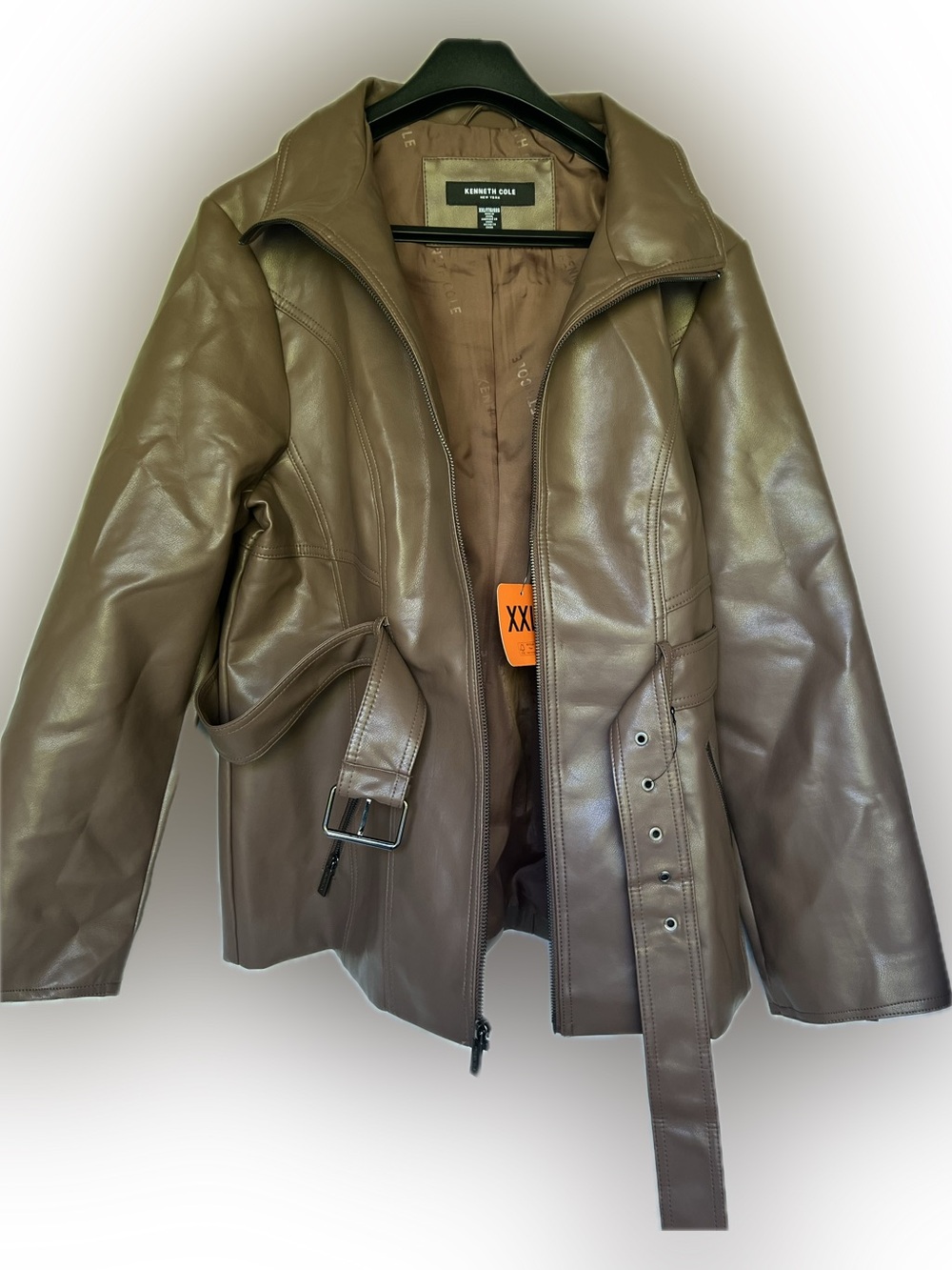 Kenneth Cole women's Brown Faux Leather Zip-Front Jacket with Belt
